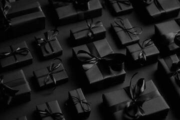 Image showing Elegant black Christmas theme. Wrapped gifts in black matte pape