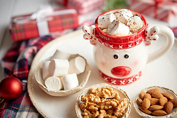 Image showing Delicious homemade christmas hot chocolate or cocoa with marshme