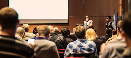 Image showing Business speaker giving a talk at business conference meeting event.