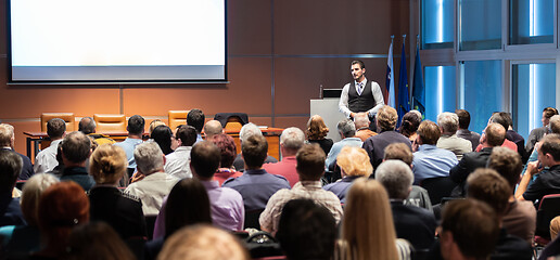 Image showing Business speaker giving a talk at business conference meeting event.