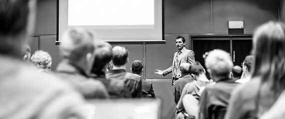 Image showing Business speaker giving a talk at business conference meeting event.