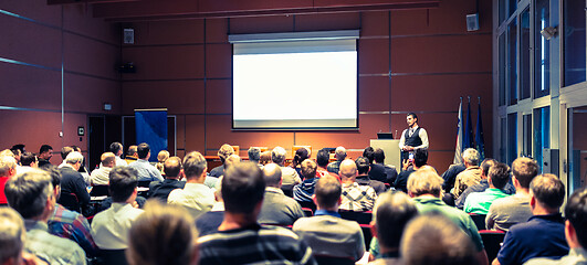 Image showing Business speaker giving a talk at business conference meeting event.