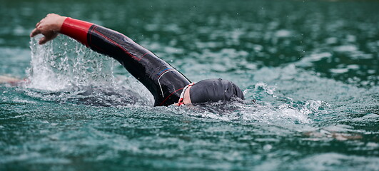 Image showing triathlon athlete swimming on lake wearing wetsuit