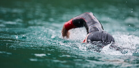 Image showing triathlon athlete swimming on lake wearing wetsuit