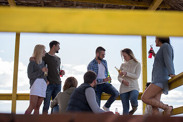 Image showing Group of friends having fun on autumn day at beach