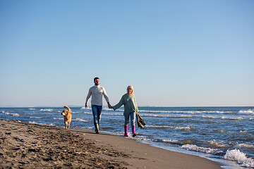 Image showing couple with dog having fun on beach on autmun day