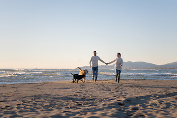 Image showing couple with dog having fun on beach on autmun day