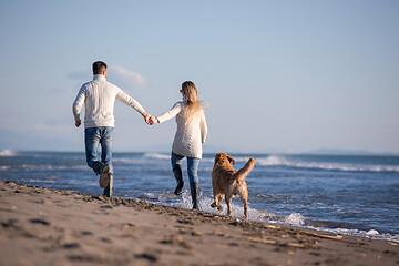 Image showing couple with dog having fun on beach on autmun day