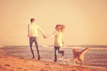 Image showing couple with dog having fun on beach on autmun day