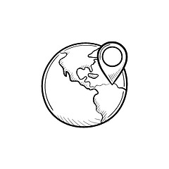 Image showing Globe with pointer mark hand drawn outline doodle icon.