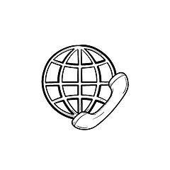 Image showing Globe and phone receiver hand drawn outline doodle icon.