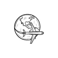 Image showing Airplane flying around the world hand drawn outline doodle icon.