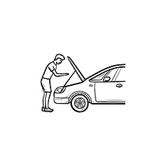 Image showing Man under the hood of car hand drawn outline doodle icon.