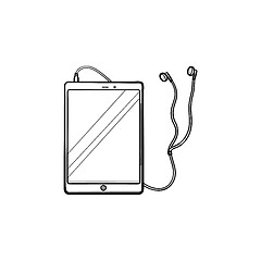 Image showing Tablet with headphones hand drawn outline doodle icon.