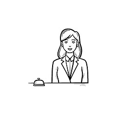 Image showing Female receptionist in a hotel with a reception bell hand drawn outline doodle icon.