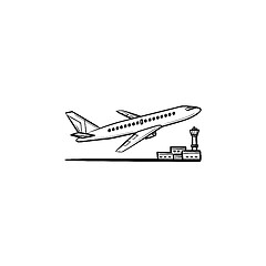 Image showing Airplane taking off hand drawn outline doodle icon.