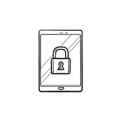 Image showing Digital tablet with padlock hand drawn outline doodle icon.