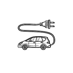 Image showing Electric car with plug hand drawn outline doodle icon.