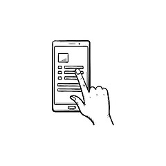 Image showing Hand sliding smartphone with list hand drawn outline doodle icon.