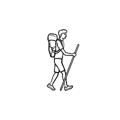 Image showing Hiker with backpack walking hand drawn outline doodle icon.