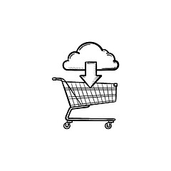 Image showing Cloud with arrow pointing at shopping cart hand drawn outline doodle icon.