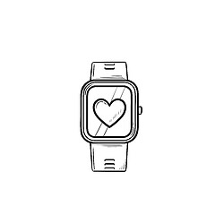 Image showing Smartwatch with heart hand drawn outline doodle icon.