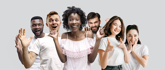 Image showing The collage of faces of surprised people on white backgrounds.