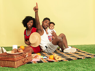 Image showing Happy family having picnic at studio