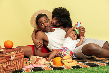 Image showing Happy family having picnic at studio