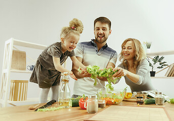 Image showing Cute little girl and her beautiful parents are cutting vegetables in kitchen at home