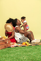 Image showing Happy family having picnic at studio