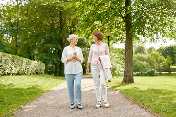 Image showing senior women or friends drinking coffee at park