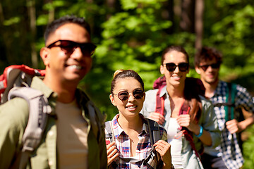 Image showing group of friends with backpacks hiking in forest