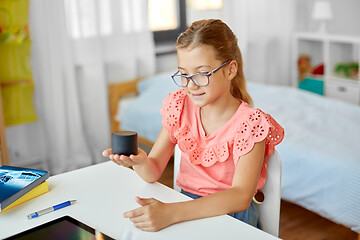 Image showing student girl using smart speaker at home