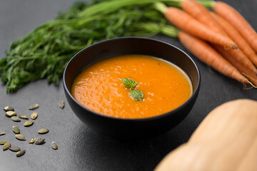 Image showing close up of pumpkin cream soup and vegetables