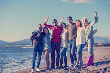 Image showing portrait of friends having fun on beach during autumn day