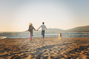 Image showing couple with dog having fun on beach on autmun day