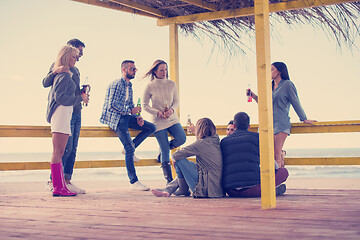 Image showing Group of friends having fun on autumn day at beach