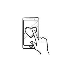 Image showing Hand clicking heart on smartphone screen hand drawn outline doodle icon.