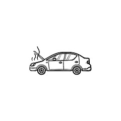 Image showing Broken car with open hood and steam hand drawn outline doodle icon.