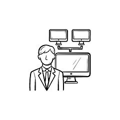 Image showing Businessman with computer network hand drawn outline doodle icon.