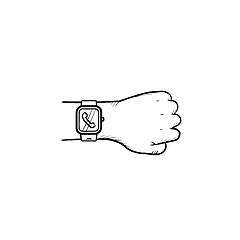 Image showing Hand wearing smart watch with incoming call hand drawn outline doodle icon.