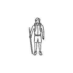 Image showing Hiker with backpack and walking stick hand drawn outline doodle icon.