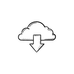 Image showing Cloud with arrow down hand drawn outline doodle icon.