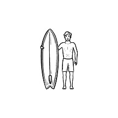 Image showing Surfer standing with surfboard hand drawn outline doodle icon.