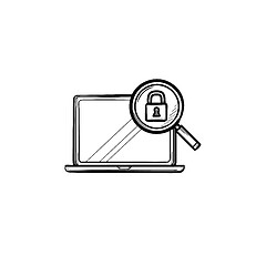 Image showing Laptop with magnifying glass and padlock hand drawn outline doodle icon.