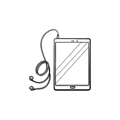 Image showing Tablet with headphones hand drawn outline doodle icon.