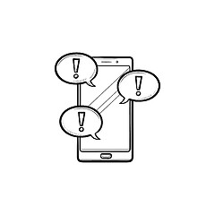 Image showing Mobile phone and text message with exclamation point hand drawn outline doodle icon.