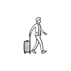 Image showing Business traveler walking with suitcase hand drawn outline doodle icon.