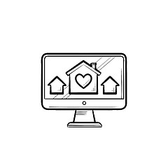 Image showing Computer monitor with houses and house with heart hand drawn outline doodle icon.